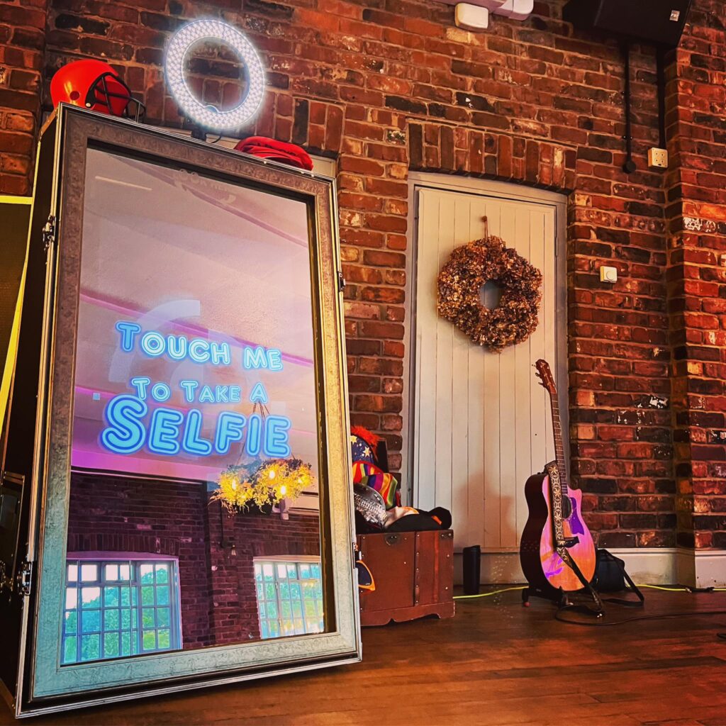 a back drop showing the selfie mirror in position ready for a party.